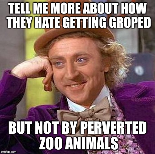 Creepy Condescending Wonka Meme | TELL ME MORE ABOUT HOW THEY HATE GETTING GROPED BUT NOT BY PERVERTED ZOO ANIMALS | image tagged in memes,creepy condescending wonka | made w/ Imgflip meme maker