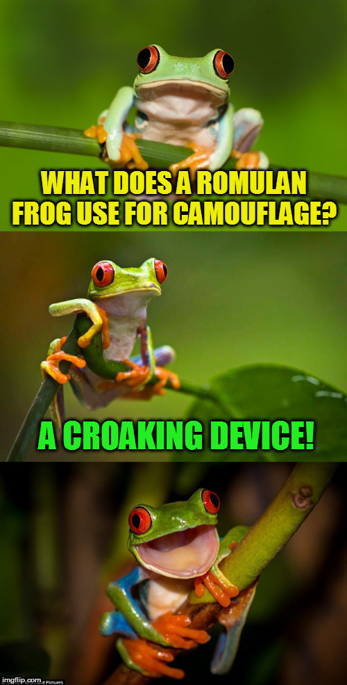 Star Trek Week...Nov. 20th - 27th...A brandy_jackson, Tombstone 1881, & coollew event! |  WHAT DOES A ROMULAN FROG USE FOR CAMOUFLAGE? A CROAKING DEVICE! | image tagged in frog puns,star trek week,star trek,romulan,jokes,cloaking device | made w/ Imgflip meme maker
