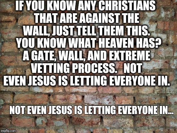 Brick wall | IF YOU KNOW ANY CHRISTIANS THAT ARE AGAINST THE WALL, JUST TELL THEM THIS. 

YOU KNOW WHAT HEAVEN HAS? A GATE, WALL, AND EXTREME VETTING PROCESS. 

NOT EVEN JESUS IS LETTING EVERYONE IN. NOT EVEN JESUS IS LETTING EVERYONE IN... | image tagged in brick wall | made w/ Imgflip meme maker