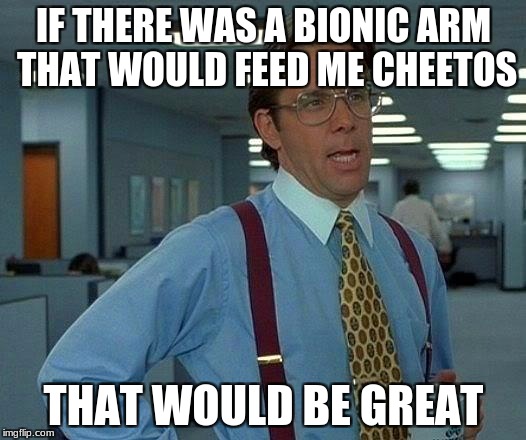 That Would Be Great Meme | IF THERE WAS A BIONIC ARM THAT WOULD FEED ME CHEETOS THAT WOULD BE GREAT | image tagged in memes,that would be great | made w/ Imgflip meme maker