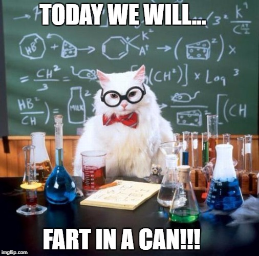 Chemistry Cat Meme | TODAY WE WILL... FART IN A CAN!!! | image tagged in memes,chemistry cat | made w/ Imgflip meme maker