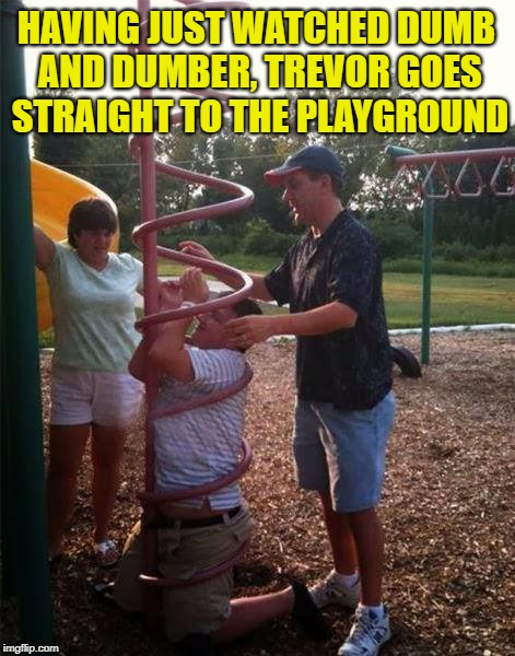 Dumb, Dumber... Dumbest | HAVING JUST WATCHED DUMB AND DUMBER, TREVOR GOES STRAIGHT TO THE PLAYGROUND | image tagged in meme,memes,dumb,dumb and dumber,fails | made w/ Imgflip meme maker