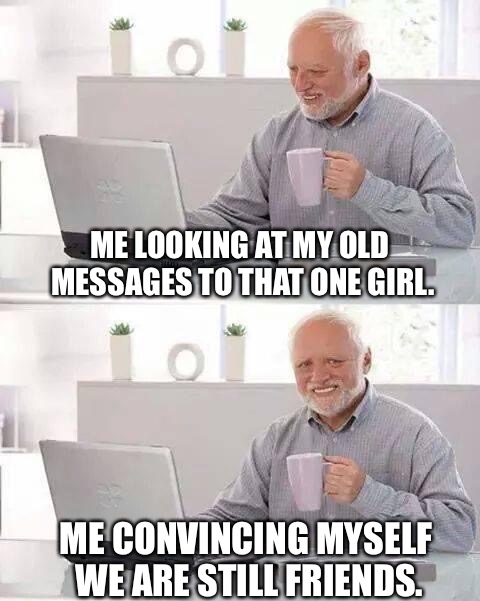 Hide the Pain Harold Meme | ME LOOKING AT MY OLD MESSAGES TO THAT ONE GIRL. ME CONVINCING MYSELF WE ARE STILL FRIENDS. | image tagged in memes,hide the pain harold | made w/ Imgflip meme maker