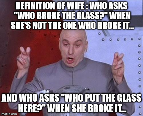 Dr Evil Laser | DEFINITION OF WIFE : WHO ASKS "WHO BROKE THE GLASS?" WHEN SHE'S NOT THE ONE WHO BROKE IT... AND WHO ASKS "WHO PUT THE GLASS HERE?" WHEN SHE BROKE IT... | image tagged in memes,dr evil laser | made w/ Imgflip meme maker