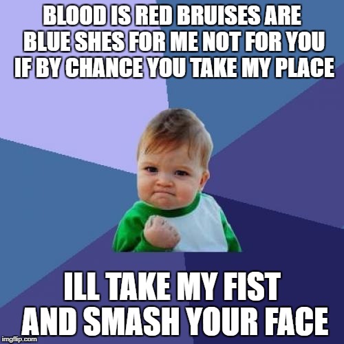 Success Kid Meme | BLOOD IS RED BRUISES ARE BLUE SHES FOR ME NOT FOR YOU IF BY CHANCE YOU TAKE MY PLACE; ILL TAKE MY FIST AND SMASH YOUR FACE | image tagged in memes,success kid | made w/ Imgflip meme maker