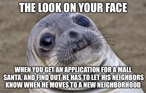 Awkward Moment Sealion Meme | THE LOOK ON YOUR FACE; WHEN YOU GET AN APPLICATION FOR A MALL SANTA, AND FIND OUT HE HAS TO LET HIS NEIGHBORS KNOW WHEN HE MOVES TO A NEW NEIGHBORHOOD | image tagged in memes,awkward moment sealion,americanpenguin | made w/ Imgflip meme maker