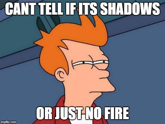 Futurama Fry Meme | CANT TELL IF ITS SHADOWS OR JUST NO FIRE | image tagged in memes,futurama fry | made w/ Imgflip meme maker