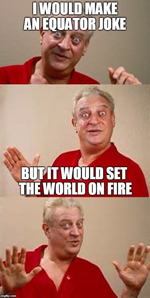 Geography puns (that almost work)! | I WOULD MAKE AN EQUATOR JOKE; BUT IT WOULD SET THE WORLD ON FIRE | image tagged in bad pun dangerfield,funny,bad pun,memes,geography | made w/ Imgflip meme maker
