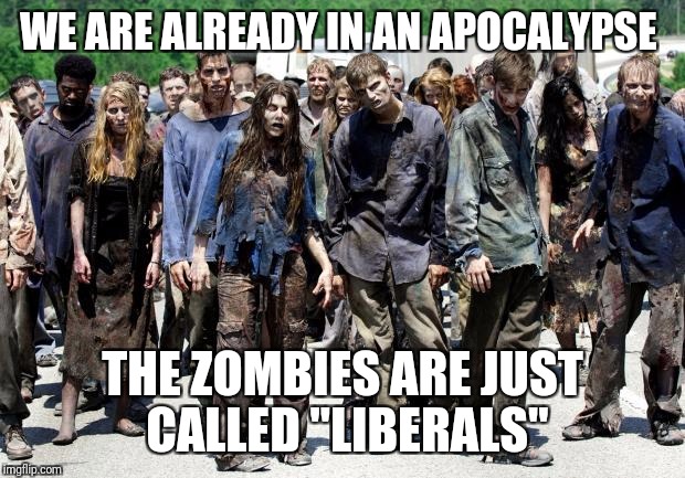 Be careful | WE ARE ALREADY IN AN APOCALYPSE; THE ZOMBIES ARE JUST CALLED "LIBERALS" | image tagged in walking dead meme,college liberal,liberals,apocalypse,zombies,feminist | made w/ Imgflip meme maker
