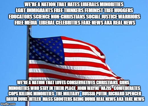 American flag | WE'RE A NATION THAT HATES LIBERALS MINORITIES LGBT IMMIGRANTS FREE THINKERS FEMINIST TREE HUGGERS EDUCATORS SCIENCE NON-CHRISTIANS SOCIAL JUSTICE WARRIORS  FREE MEDIA  LIBERAL CELEBRITIES FAKE NEWS AKA REAL NEWS; WE'RE A NATION THAT LOVES CONSERVATIVES CHRISTIANS  GUNS 
 MINORITIES WHO STAY IN THEIR PLACE  JOHN WAYNE  NAZIS 
 CONFEDERATES  COPS KILLING MINORITIES  THE MILITARY 
 RUSSIA PUTIN  RICHARD SPENCER 
 DAVID DUKE  HITLER  MASS SHOOTERS BEING DUMB REAL NEWS AKA FAKE NEWS | image tagged in american flag | made w/ Imgflip meme maker