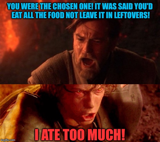 All right one final Thxgiving meme: Me after Thxgiving | YOU WERE THE CHOSEN ONE! IT WAS SAID YOU'D EAT ALL THE FOOD NOT LEAVE IT IN LEFTOVERS! I ATE TOO MUCH! | image tagged in star wars,you were the chosen one star wars,thanksgiving,leftovers,memes,funny | made w/ Imgflip meme maker