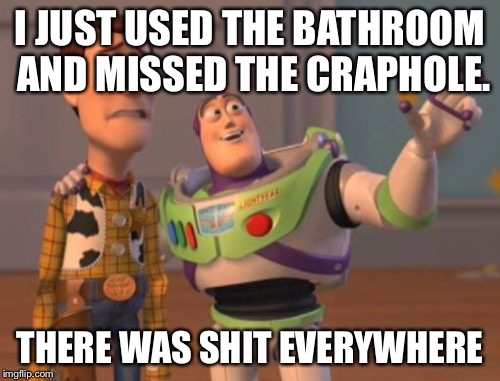 X, X Everywhere | I JUST USED THE BATHROOM AND MISSED THE CRAPHOLE. THERE WAS SHIT EVERYWHERE | image tagged in memes,x x everywhere | made w/ Imgflip meme maker