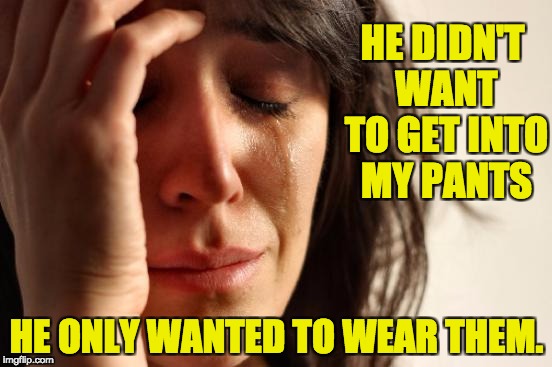 First World Problems Meme | HE DIDN'T WANT TO GET INTO MY PANTS; HE ONLY WANTED TO WEAR THEM. | image tagged in memes,first world problems | made w/ Imgflip meme maker