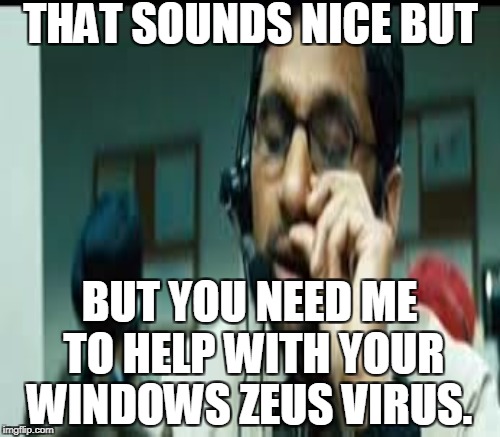 THAT SOUNDS NICE BUT BUT YOU NEED ME TO HELP WITH YOUR WINDOWS ZEUS VIRUS. | made w/ Imgflip meme maker