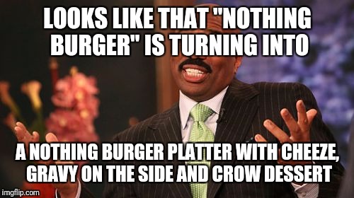 LOOKS LIKE THAT "NOTHING BURGER" IS TURNING INTO A NOTHING BURGER PLATTER WITH CHEEZE, GRAVY ON THE SIDE AND CROW DESSERT | image tagged in memes,steve harvey | made w/ Imgflip meme maker