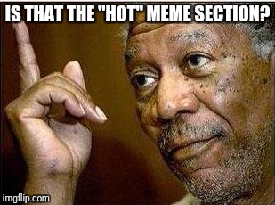 Because Morgan Freeman can see the future before it happens and he knows he will make the top page xD | IS THAT THE "HOT" MEME SECTION? | image tagged in morgan freeman | made w/ Imgflip meme maker