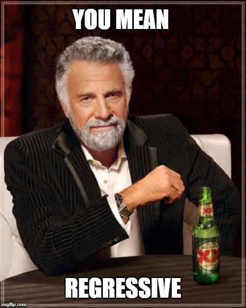 The Most Interesting Man In The World Meme | YOU MEAN REGRESSIVE | image tagged in memes,the most interesting man in the world | made w/ Imgflip meme maker