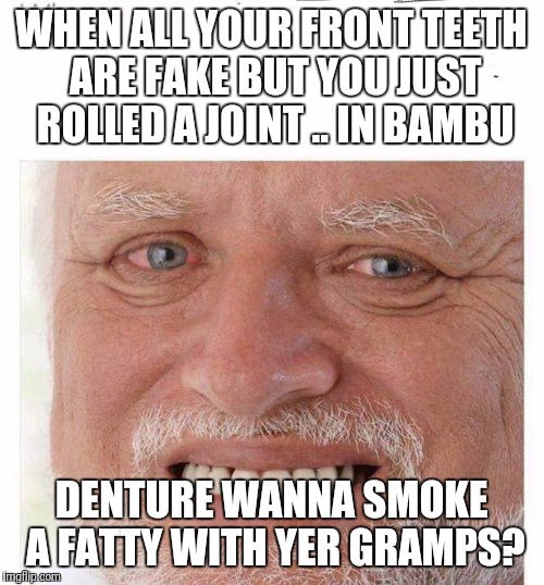 WHEN ALL YOUR FRONT TEETH ARE FAKE BUT YOU JUST ROLLED A JOINT .. IN BAMBU; DENTURE WANNA SMOKE A FATTY WITH YER GRAMPS? | image tagged in old sadness | made w/ Imgflip meme maker