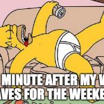 Homer-lazy | ONE MINUTE AFTER MY WIFE LEAVES FOR THE WEEKEND. | image tagged in homer-lazy | made w/ Imgflip meme maker