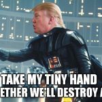 Drumpf Vader | AND TOGETHER WE'LL DESTROY AMERICA; TAKE MY TINY HAND | image tagged in donald trump,make donald drumpf again,trump,donald drumpf,drumpf | made w/ Imgflip meme maker