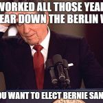 Ronald Reagan | I WORKED ALL THOSE YEARS TO TEAR DOWN THE BERLIN WALL; AND YOU WANT TO ELECT BERNIE SANDERS? | image tagged in ronald reagan | made w/ Imgflip meme maker
