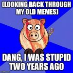Self-Endangerment Pig | (LOOKING BACK THROUGH MY OLD MEMES); DANG, I WAS STUPID TWO YEARS AGO | image tagged in self-endangerment pig | made w/ Imgflip meme maker