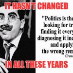 Politics and the elections | IT HASN'T CHANGED; IN ALL THESE YEARS | image tagged in groucho 3,elections,memes,message,deep thoughts | made w/ Imgflip meme maker