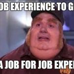 Fat Bastard | I NEED JOB EXPERIENCE TO GET A JOB; I NEED A JOB FOR JOB EXPERIENCE | image tagged in fat bastard | made w/ Imgflip meme maker
