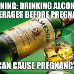 jamesonwhiskey | WARNING: DRINKING ALCOHOLIC BEVERAGES BEFORE PREGNANCY CAN CAUSE PREGNANCY | image tagged in jamesonwhiskey | made w/ Imgflip meme maker