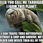 tardigrade | HELLO, YOU CALL ME TARDIGADE. I FARM THIS PLANET. I CAN TRAVEL THRU OUTERSPACE WITHOUT A SHIP AND SURVIVE. WE'RE OLDER AND WISER THAN ALL OF YOU. | image tagged in tardigrade | made w/ Imgflip meme maker