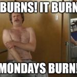 ouch burgundy | IT BURNS! IT BURNS! MONDAYS BURN! | image tagged in ron burgundy deep burn | made w/ Imgflip meme maker