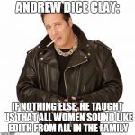 Technically, we learned our nursery rhymes from him too, but who's keeping track? | ANDREW DICE CLAY:; IF NOTHING ELSE, HE TAUGHT US THAT ALL WOMEN SOUND LIKE EDITH FROM ALL IN THE FAMILY | image tagged in andrew dice clay,dice,learn,women,women rights,original meme | made w/ Imgflip meme maker