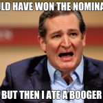 TEd Cruz | I COULD HAVE WON THE NOMINATION; BUT THEN I ATE A BOOGER | image tagged in ted cruz | made w/ Imgflip meme maker