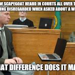 Court Reporter | THE NEW SCAPEGOAT HEARD IN COURTS ALL OVER THE U.S. QUICKLY BEING DISREGARDED WHEN ASKED ABOUT A WRONGDOING; "WHAT DIFFERENCE DOES IT MAKE" | image tagged in court reporter | made w/ Imgflip meme maker