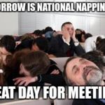 3/10 is national napping day | TOMORROW IS NATIONAL NAPPING DAY; GREAT DAY FOR MEETINGS | image tagged in sleeping in a seminar,napping,work | made w/ Imgflip meme maker