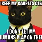Cat Tie | TO KEEP MY CARPETS CLEAN; I DON'T LET MY HUMANS PLAY ON THEM | image tagged in cat tie | made w/ Imgflip meme maker