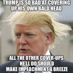 Should be pretty obvious | TRUMP IS SO BAD AT COVERING UP HIS OWN BALD HEAD ALL THE OTHER COVER-UPS HE'LL DO SHOULD MAKE IMPEACHMENT A BREEZE | image tagged in donald trump 1,donald trump,trump,memes,president 2016 | made w/ Imgflip meme maker
