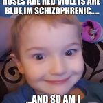 Evil genius kid | ROSES ARE RED VIOLETS ARE BLUE,IM SCHIZOPHRENIC..... ...AND SO AM I | image tagged in evil genius kid | made w/ Imgflip meme maker