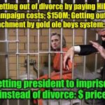 The high cost of divorce  | Getting out of divorce by
paying Hil's campaign costs; $150M; Getting out of impeachment by gold ole boys system: $50M;; Getting president to imprison wife instead of divorce: $ priceless! | image tagged in hillary in jail,divorce,bill clinton | made w/ Imgflip meme maker