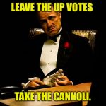 A Meme you can't refuse! | LEAVE THE UP VOTES; TAKE THE CANNOLI. | image tagged in godfather,cannoli,up votes | made w/ Imgflip meme maker