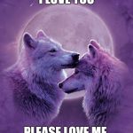 Wolf lovers | I LOVE YOU; PLEASE LOVE ME | image tagged in wolf lovers | made w/ Imgflip meme maker