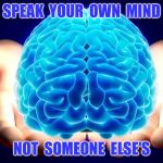 Mind Speak | SPEAK  YOUR  OWN  MIND; NOT  SOMEONE  ELSE'S | image tagged in mind speak | made w/ Imgflip meme maker