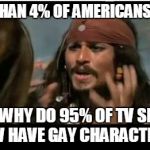 why so gay? | IF LESS THAN 4% OF AMERICANS ARE GAY; THEN WHY DO 95% OF TV SHOWS NOW HAVE GAY CHARACTERS? | image tagged in memes,why is the rum gone,why,gay | made w/ Imgflip meme maker