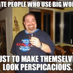 I hate people who use big words  | I HATE PEOPLE WHO USE BIG WORDS; JUST TO MAKE THEMSELVES LOOK PERSPICACIOUS. | image tagged in matt g,big words,meme,memes | made w/ Imgflip meme maker