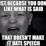 ANGER RAGE SCREAM SHOUT IRRITATION FRUSTRATION ANNOYANCE | JUST BECAUSE YOU DON'T LIKE WHAT IS SAID; THAT DOESN'T MAKE IT HATE SPEECH | image tagged in anger rage scream shout irritation frustration annoyance | made w/ Imgflip meme maker