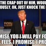 Donald Trump | KNOCK THE CRAP OUT OF HIM, WOULD YOU? SERIOUSLY, OK, JUST KNOCK THE HELL. I PROMISE YOU I WILL PAY FOR THE LEGAL FEES, I PROMISE, I PROMISE. | image tagged in donald trump | made w/ Imgflip meme maker