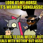 Mr Weebl Amazing Horse All the other places too | LOOK AT MY HORSE, IT'S WEARING SUNGLASSES; IT TRIES TO DEAL WITH IT, BUT DEALS WITH NOTHIN' BUT ASSES! | image tagged in mr weebl amazing horse all the other places too,deal with it,lemonade | made w/ Imgflip meme maker