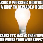 How to replace a light bulb | TAKING A WORKING LIGHTBULB FROM A LAMP TO REPLACE A DEAD BULB; BECAUSE IT'S EASIER THAN TRYING TO FIND WHERE YOUR WIFE KEEPS THEM | image tagged in lightbulb,meme,memes | made w/ Imgflip meme maker
