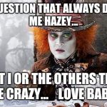 Mad Hatter  | THE QUESTION THAT ALWAYS
DRIVES ME HAZEY... IS IT I OR THE OTHERS THAT ARE CRAZY...   
LOVE BABEEZ | image tagged in mad hatter | made w/ Imgflip meme maker