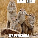squirrels  | DAMN RIGHT; ITS PERSONAL | image tagged in squirrels | made w/ Imgflip meme maker